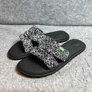 Sanuk Yoga Mat Sandals Womens Black White Knit Space Dye Double Strap Slides8